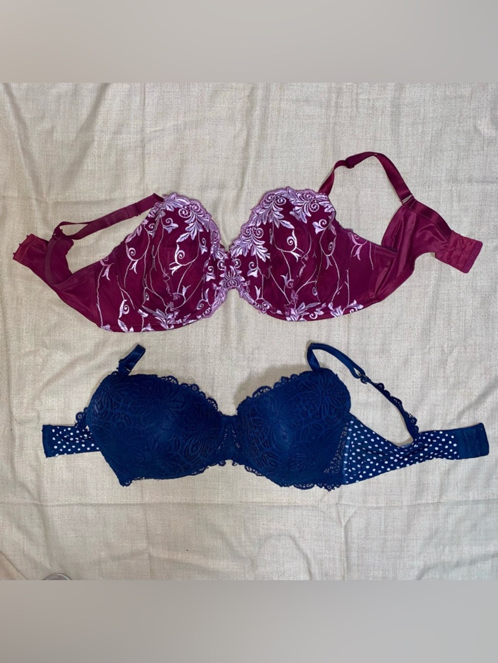 2pc Bra Bundle 44DD Lace Underwire Burgundy Blue
